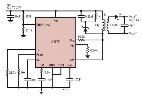12V~24Vin 至 5Vout/1.4A No Opto 隔離型反激式控制器