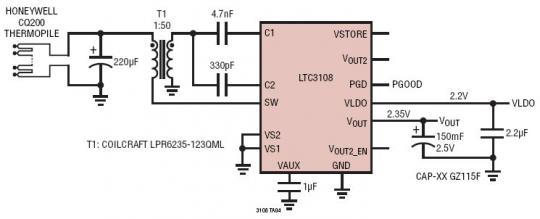 適合遠程傳感器應(yīng)用的 2.35V / 2.2V 帕爾帖元件 (Peltier) 供電型 (TEG) 能量收集器