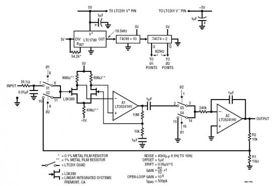 40nVp-p 噪聲、0.05uV/°C 漂移、斬波 FET 放大器